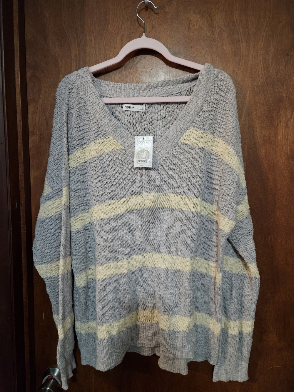 Sonoma Gray Sweater with Pale Yellow Stripes - V-Neck